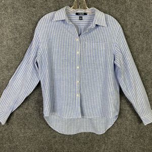 Chaps Petite Linen Blend Button Up Shirt Women LP Blue Stripe Long Sleeve Hi-low